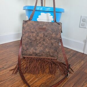 Wrangler Brown Tooled Fringe Leather Crossbody Bag